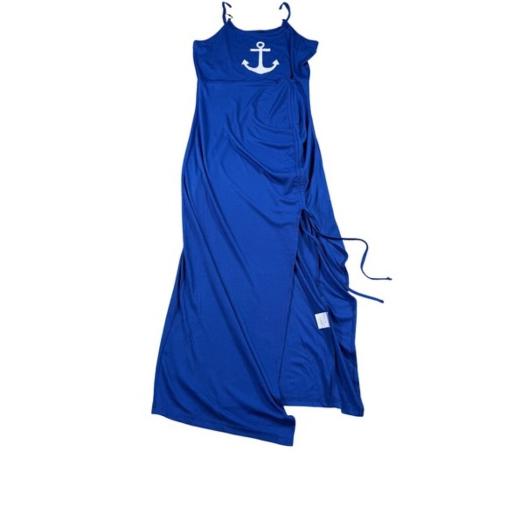 Royal Blue Anchor Ribbed Maxi Dress Gold Ring Straps Side Slit Cruise Resort XL